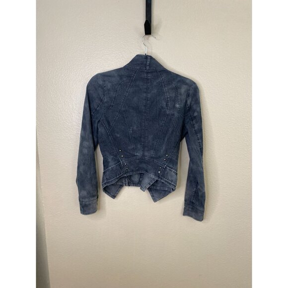 Double Zero Womens Denim Jacket S Asymmetrical Zip Studded Design Blue Moto - Picture 3 of 7